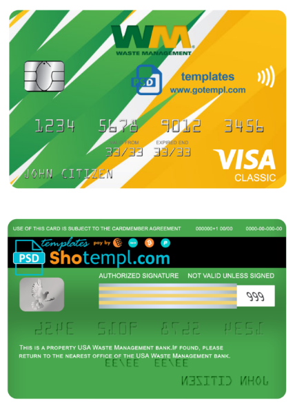 USA Waste Management bank visa classic card, fully editable template in PSD format