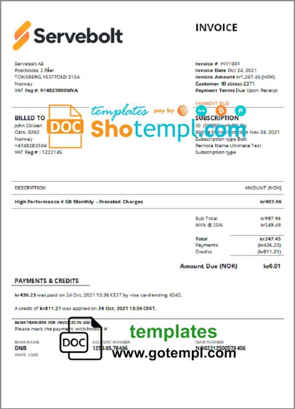 Norway Servebolt high performance hosting company invoice template in Word and PDF format, fully editable