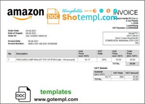 United Kingdom Amazon American multinational technology company invoice template in Word and PDF format, fully editable
