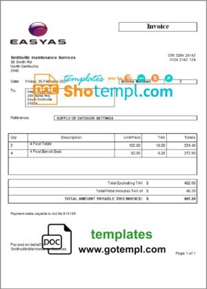 USA Easyas Driver Training invoice template in Word and PDF format, fully editable