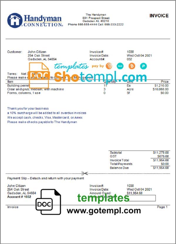 USA Handyman Home Service Company invoice template in Word and PDF format, fully editable