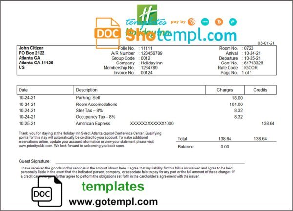 USA Holiday Inn InterContinental Hotels Group invoice template in Word and PDF format, fully editable