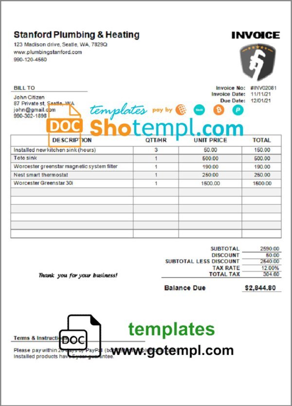 USA Stanford Plumbing & Heating company invoice template in Word and PDF format, fully editable