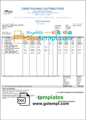 India Demo Pharma Distributor medicine consultancy services invoice template in Word and PDF format, fully editable