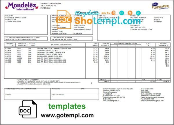 Australia Mondelez Holdings Pty Ltd invoice template in Word and PDF format, fully editable