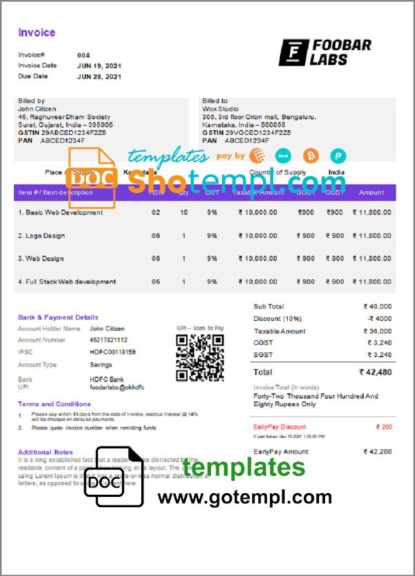 India Foobar Labs Information Technology Company invoice template in Word and PDF format, fully editable, version 2