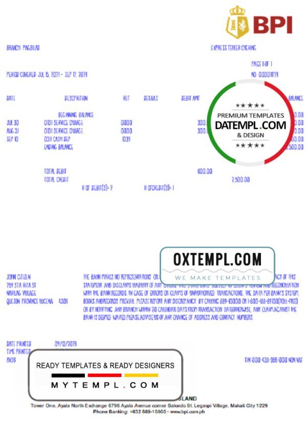 Philippines Bank of the Philippine Islands (BPI) bank statement template in Word and PDF format, version 2