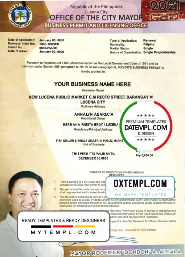 Philippines City of Lucena private entrepreneur certificate template in PSD format