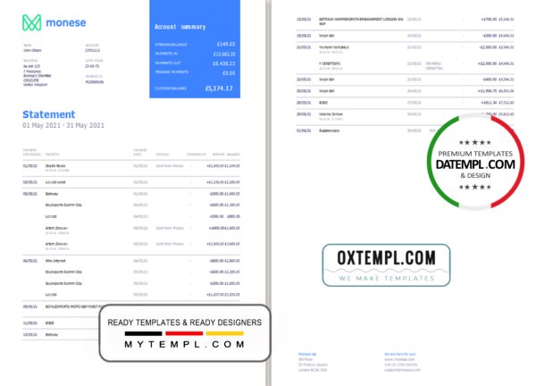 United Kingdom Monese bank statement template in Word and PDF format, 2 pages