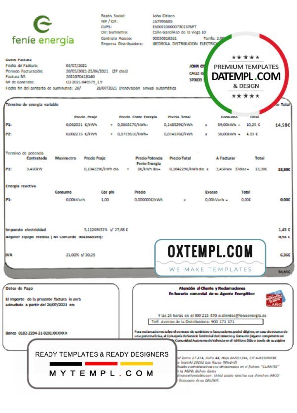 Spain Feníe Energía utility bill template in Word and PDF format