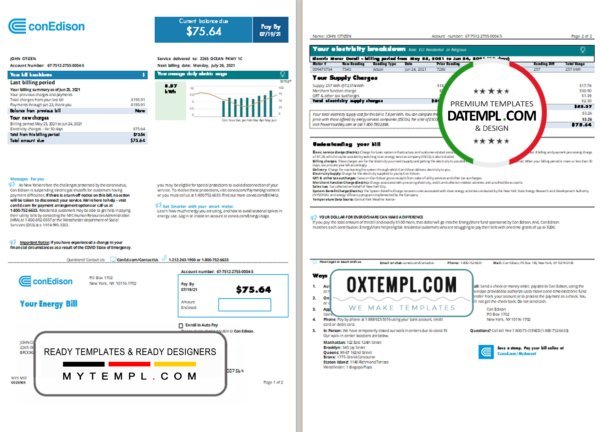 USA Con Edison utility bill template in Word and PDF format, 2 pages (2021 April – present)