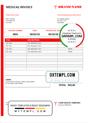 # red health medical universal multipurpose invoice template in Word and PDF format, fully editable