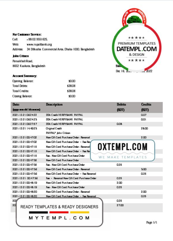 Bangladesh Rupali Bank statement template in Word and PDF format