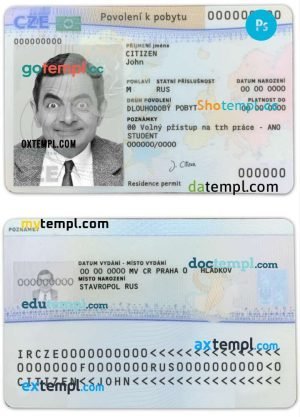 Czech permanent resident card template in PSD format, fully editable (scan + photo look PSD files)