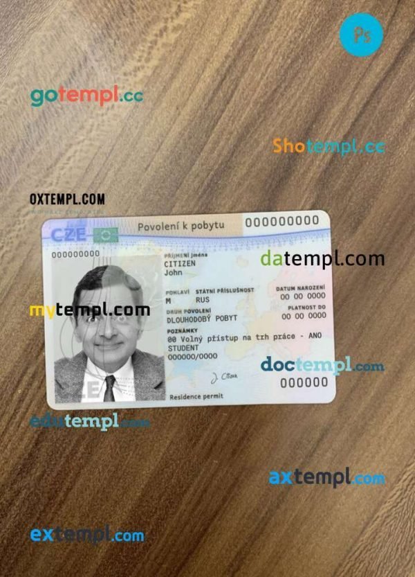 Czech permanent resident card template in PSD format, fully editable (scan + photo look PSD files)