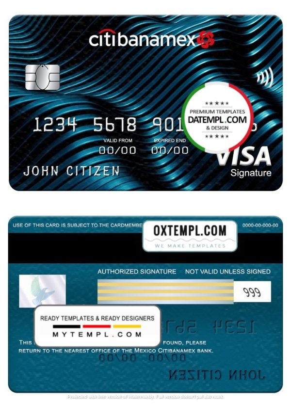 Mexico Citibanamex bank visa signature card, fully editable template in PSD format