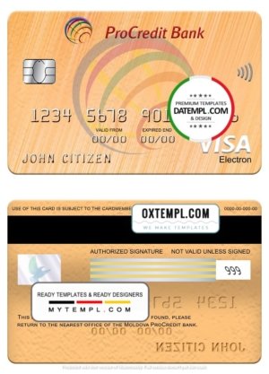 Moldova Procredit bank visa electron card, fully editable template in PSD format
