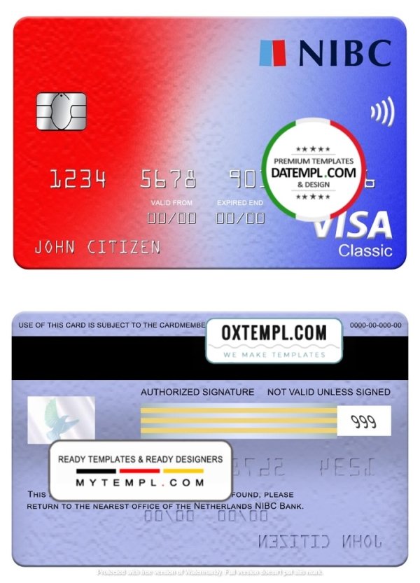 Netherlands NIBC bank visa classic card, fully editable template in PSD format