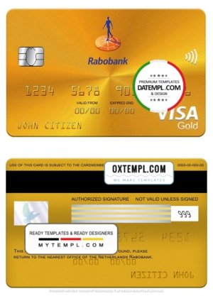 Netherlands Rabobank visa gold card, fully editable template in PSD format