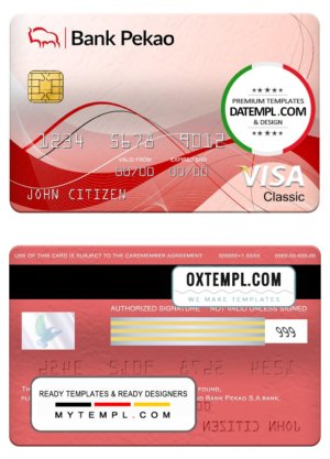 Poland bank Pekao S.A bank visa classic card, fully editable template in PSD format