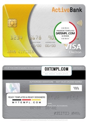 Portugal Activobank S.A. bank visa electron card, fully editable template in PSD format