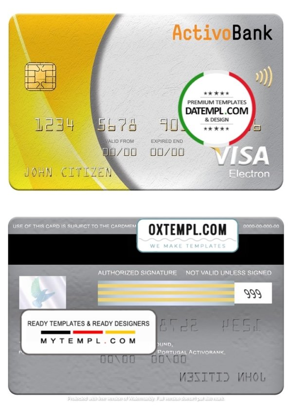 Portugal Activobank S.A. bank visa electron card, fully editable template in PSD format