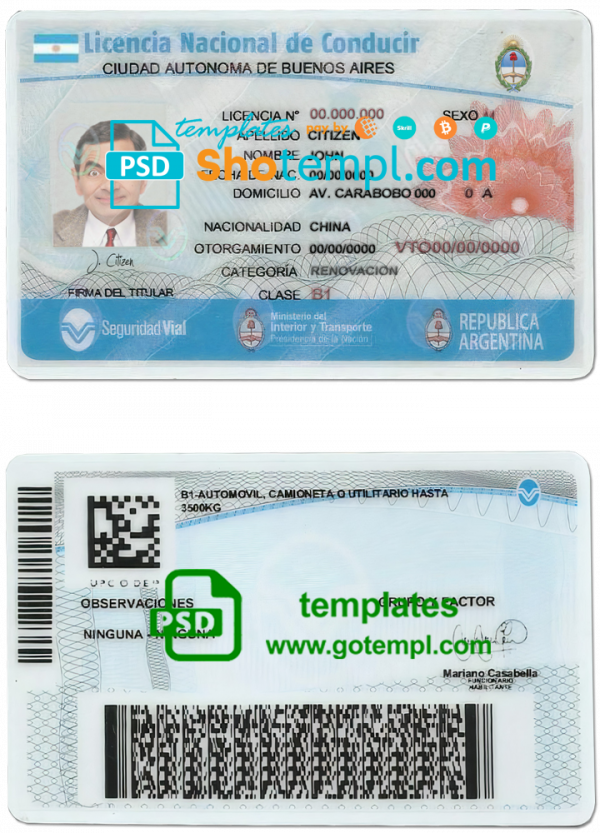 Argentina Buenos Aires driving license template in PSD format, fully editable