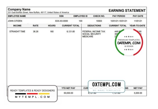 USA Michigan pay stub template in Word and PDF format, fully editable