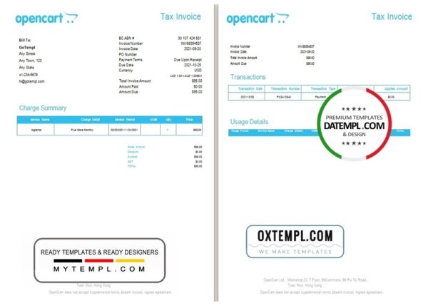 Hong Kong OpenCart tax invoice template in Word and PDF format, fully editable