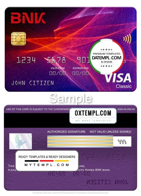 South Korea BNK bank visa classic card, fully editable template in PSD format