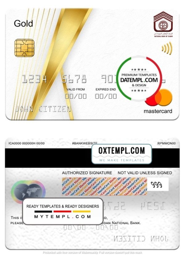 Sudan National Bank mastercard gold, fully editable template in PSD format