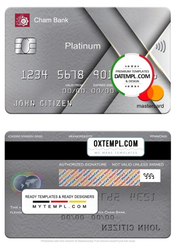 Syria Cham Bank mastercard platinum, fully editable template in PSD format