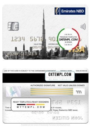 UAE Dubai Emirates NBD bank visa classic card, fully editable template in PSD format
