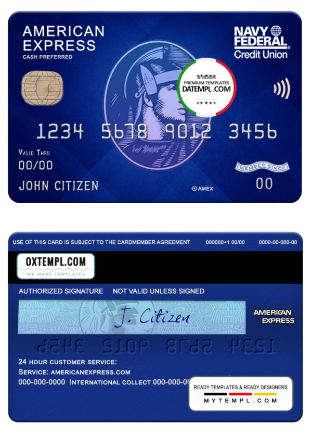 USA Navy Federal Union bank AMEX blue cash preferred card template in PSD format, fully editable