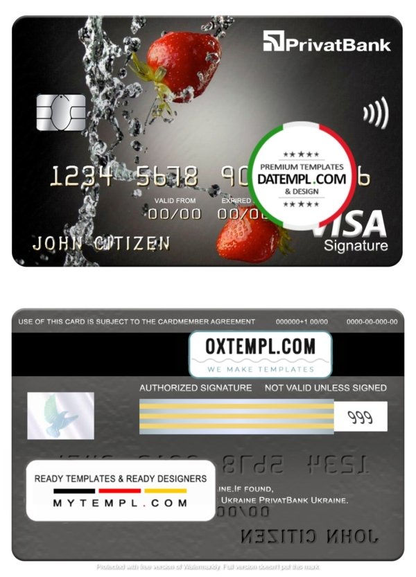 Ukraine PrivatBank visa signature card, fully editable template in PSD format