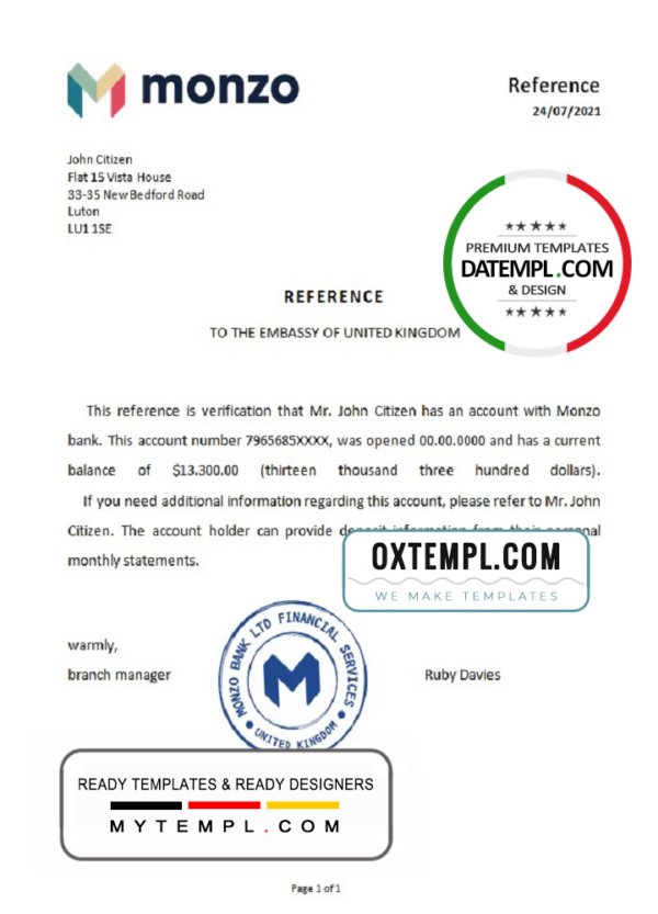 United Kingdom Monzo bank reference letter template in Word and PDF format