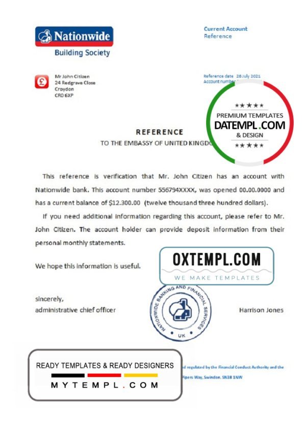 United Kingdom Nationwide bank reference letter template in Word and PDF format