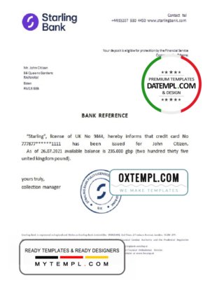 United Kingdom Starling bank reference letter template in Word and PDF format