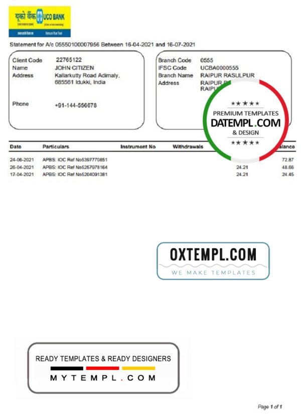 India UCO bank statement template in Word and PDF format