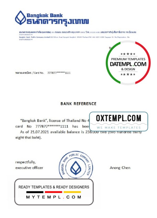 Thailand Bangkok Bank reference account reference letter template in Word and PDF format