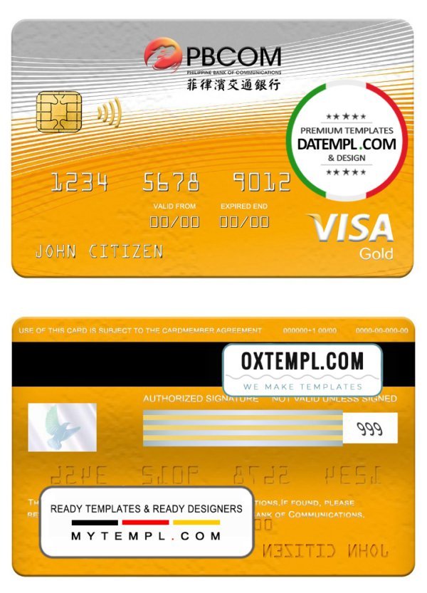 Philippines bank of Communications visa gold card, fully editable template in PSD format