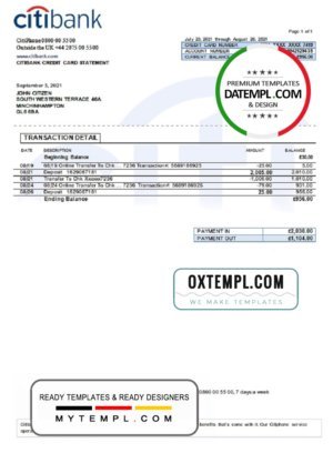 United Kingdom Citibank bank statement template in .xls and .pdf format