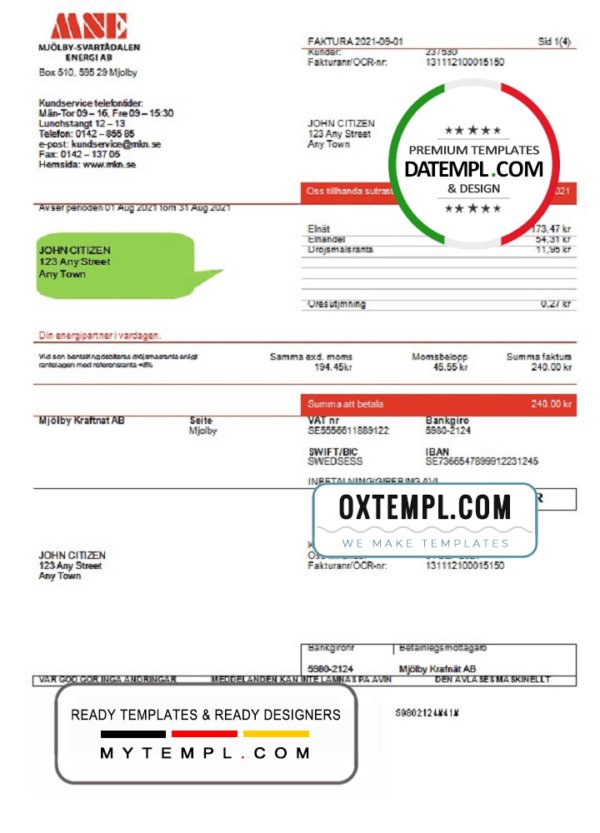 Sweden Mjölby Kraftnat AB utility bill template in .doc and .pdf format