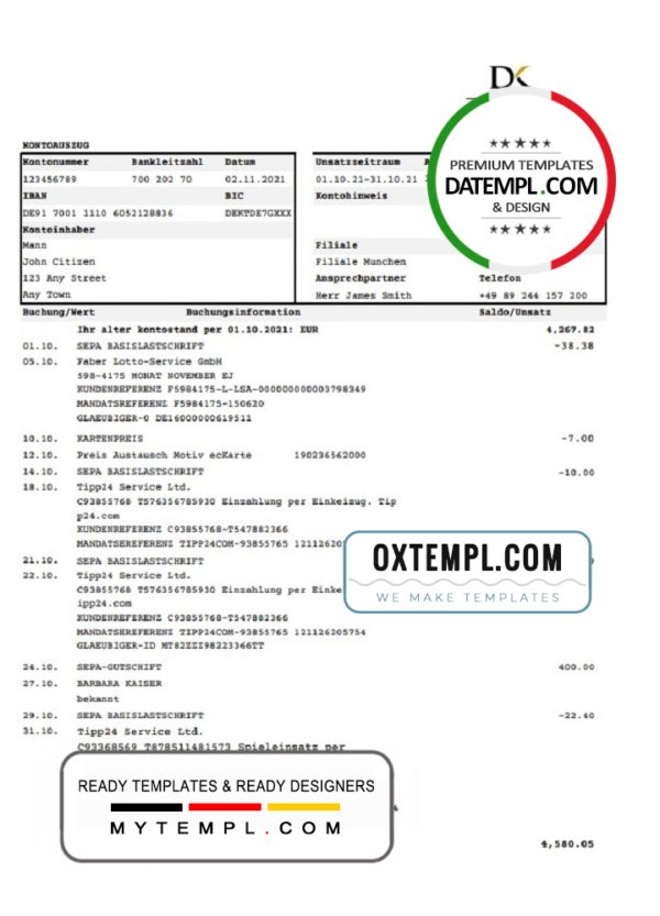 Germany Deutsche Handelsbank AG bank statement template in .xls and .pdf format