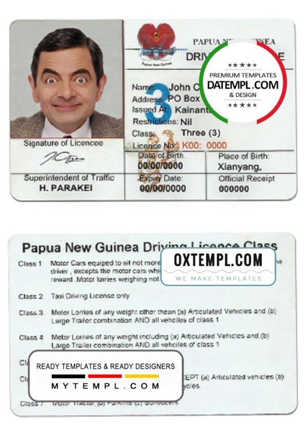 Papua New Guinea driving license template in PSD format