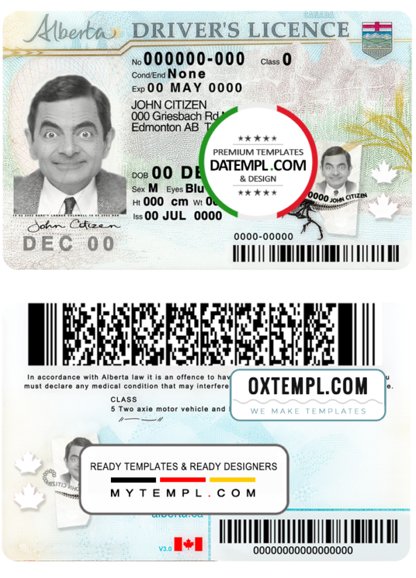 Canada Alberta province driving license template in PSD format, fully editable