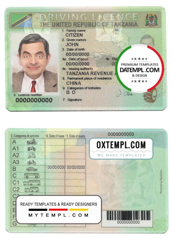 Tanzania driving license template in PSD format, with fonts