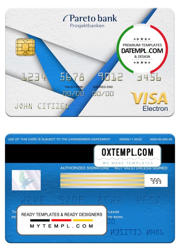 Norway Pareto bank visa electron card, fully editable template in PSD format