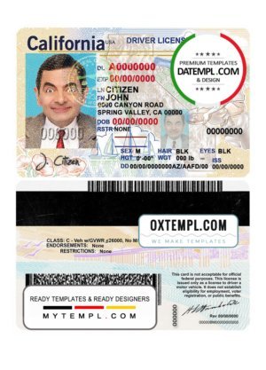 USA state California driving license template in PSD format (2018, January – present)