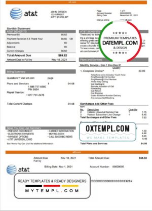USA Texas AT&T telecommunications utility bill template in Word and PDF format
